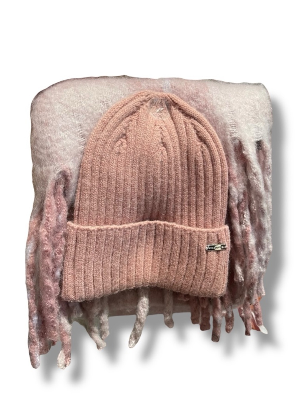 Steve Madden Plaid Scarf & Pink Beanie Har Set NWOT On Hanger